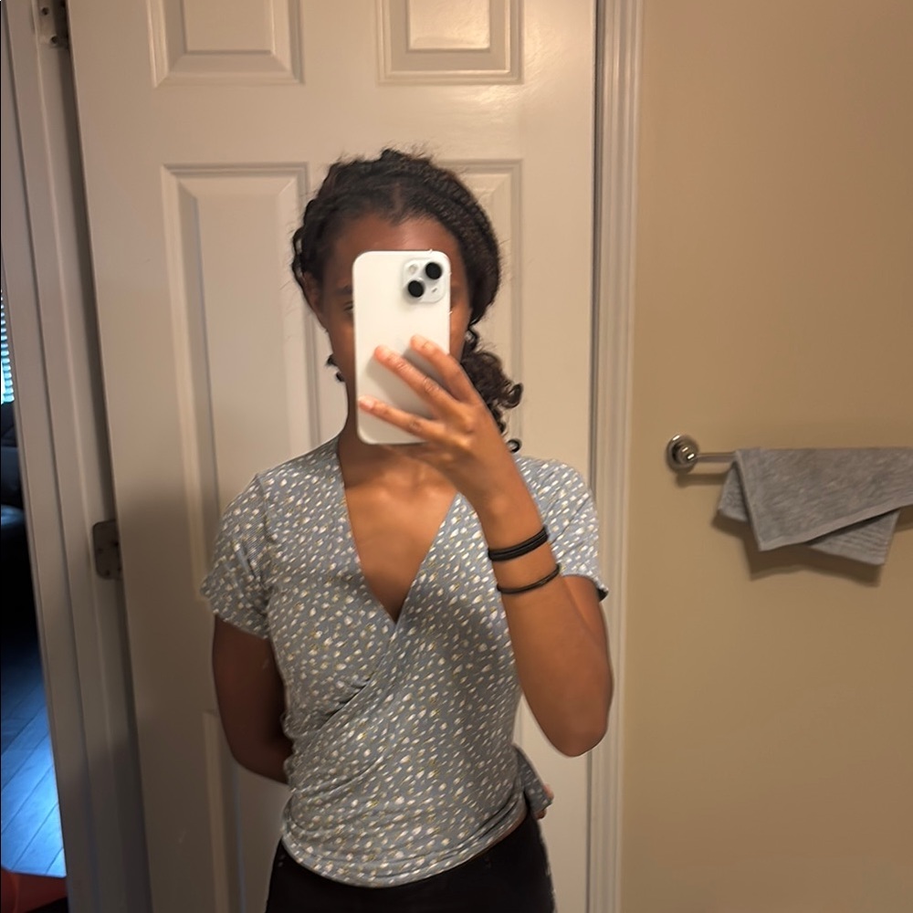 Gray Polka Dot Wrap Top